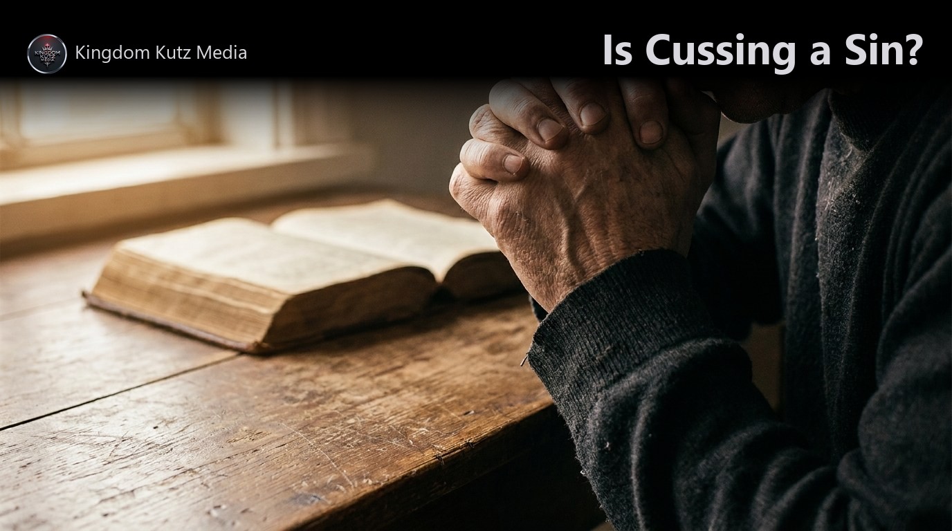 A pair of hands held near closed lips in soft warm light, an open Bible resting on a wooden table nearby