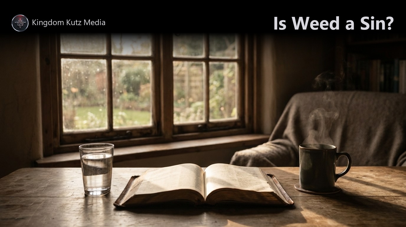 An open Bible on a sunlit wooden table beside a plain glass of water, symbolizing clarity and self-control.