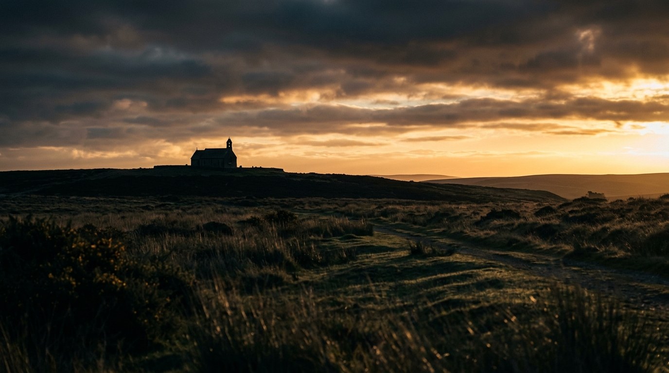 Sunrise light breaking through clouds over a quiet church silhouette on a hilltop