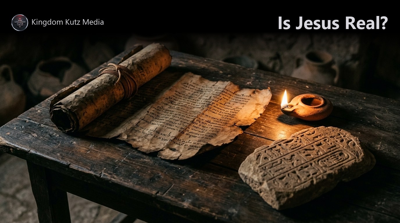 An open ancient scroll and stone tablet resting beside a lit oil lamp on a weathered wooden table, symbolizing historical record and testimony