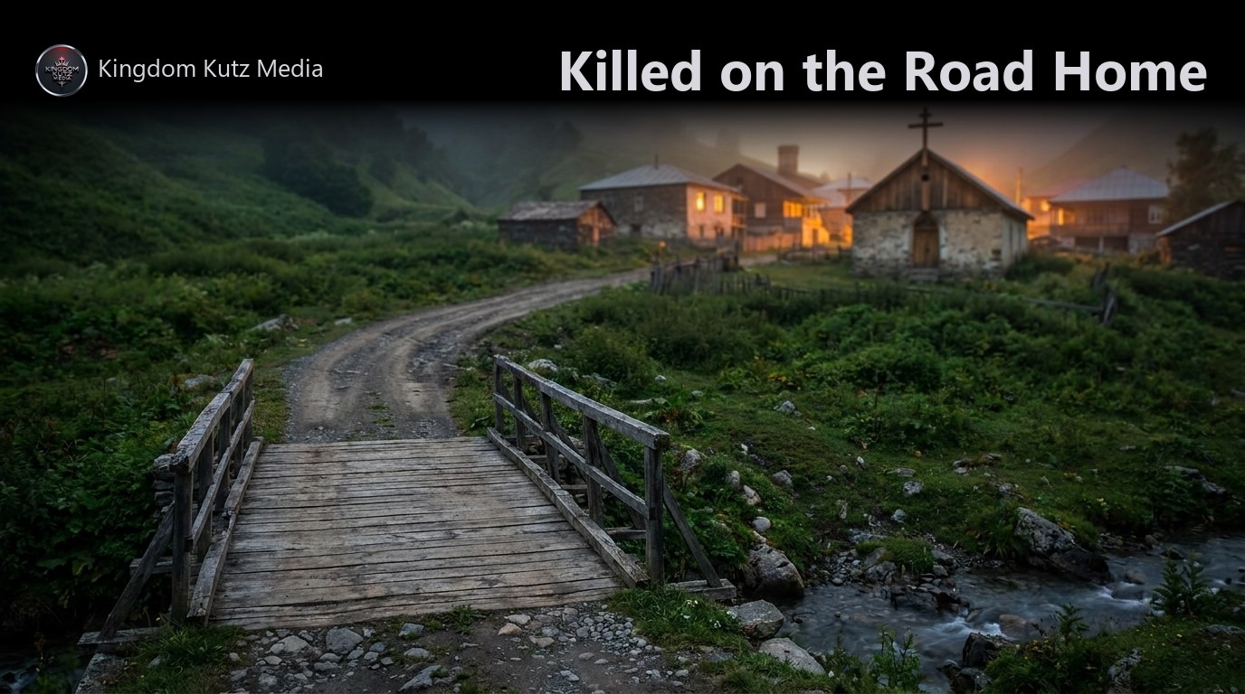 A narrow dirt road winding through misty green hills toward a small village church with a simple cross at dusk
