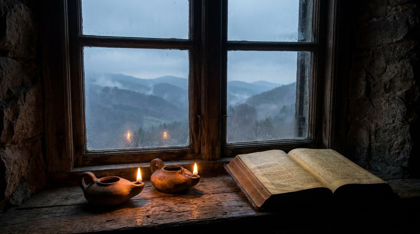 Two oil lamps burning beside an open Bible on a wooden windowsill with misty hills beyond