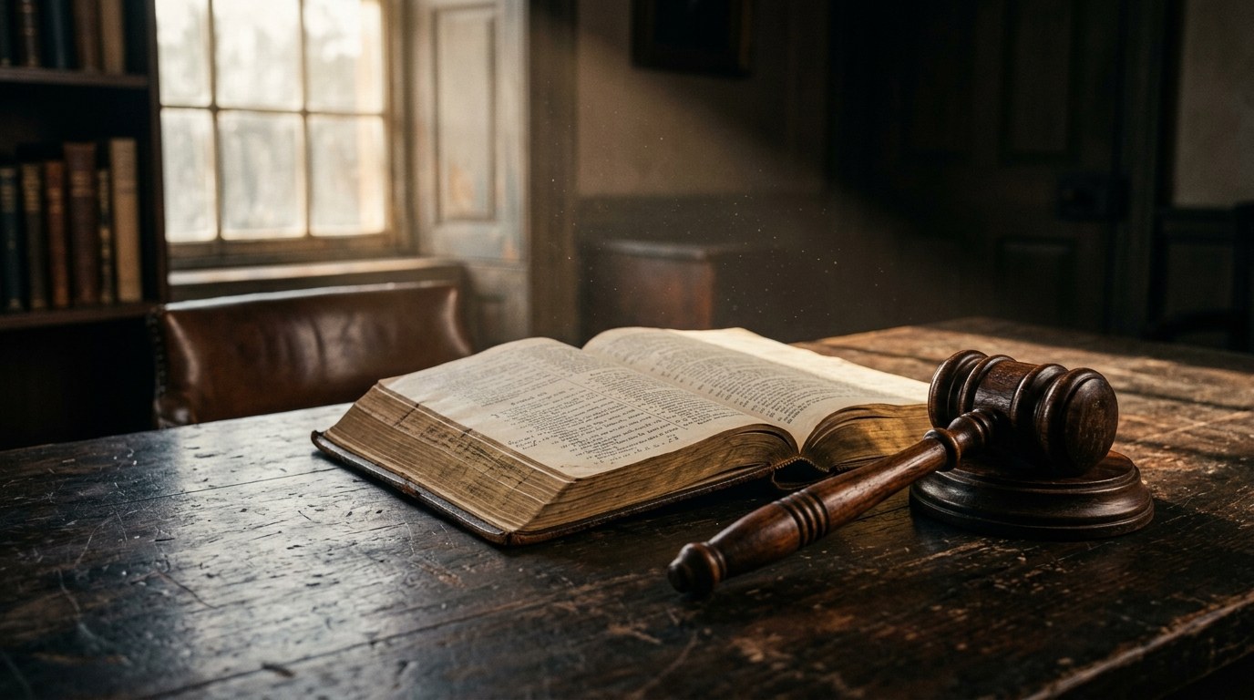 A wooden gavel resting beside an open Bible on a dark table, warm light streaming across the scene