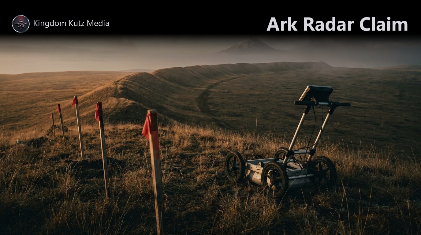 A boat-shaped earthen ridge on a highland plateau at dawn with radar survey equipment in the foreground and a snow-capped mountain behind