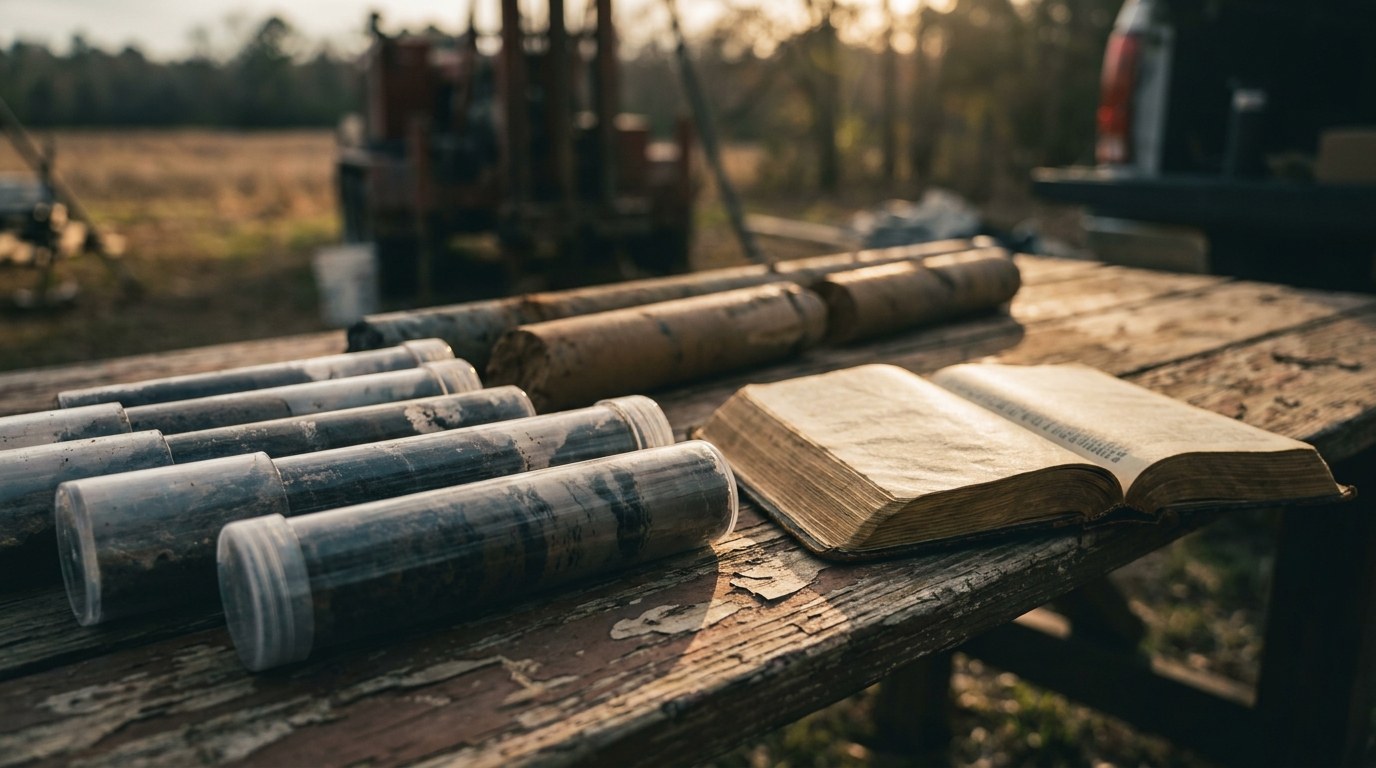 Soil core samples and clay drill cores on a field table beside an open Bible