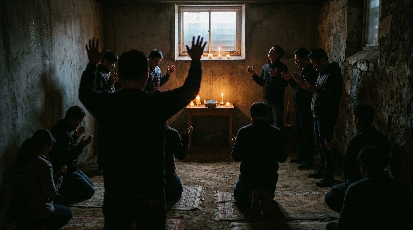 Silhouette of a church congregation with raised hands in worship, warm candlelight glowing against a dark background