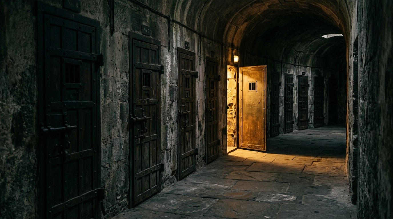 A dim stone prison corridor lined with cell doors, one door open with warm light spilling out while the rest remain closed and dark