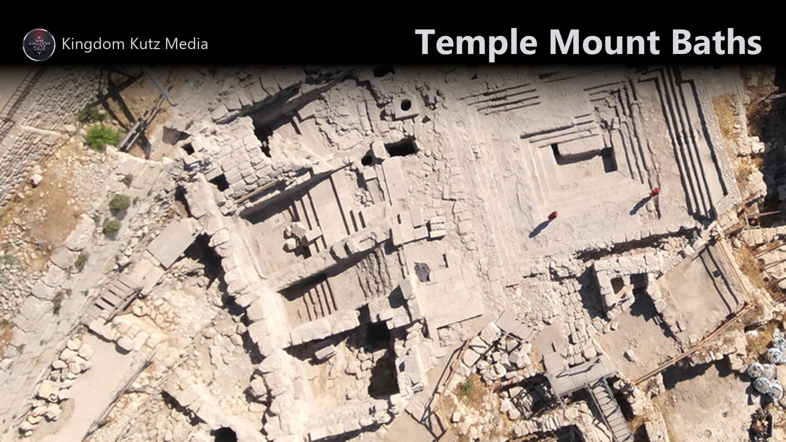 Aerial view of the excavated stepped pool and ritual bath complex at the foot of the Temple Mount in Jerusalem