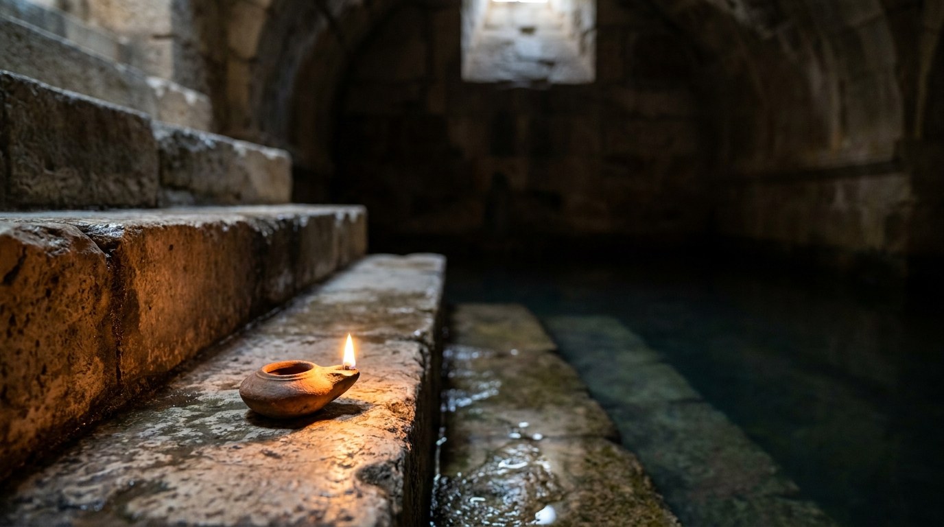Limestone steps leading down into still water in a vaulted stone chamber lit by a single oil lamp