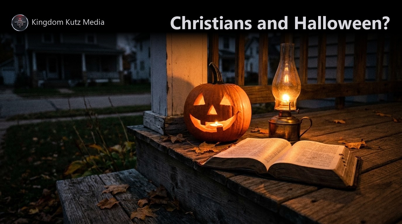 A carved jack-o-lantern glowing beside an open Bible and a lit oil lamp on a dark porch step, autumn leaves scattered around