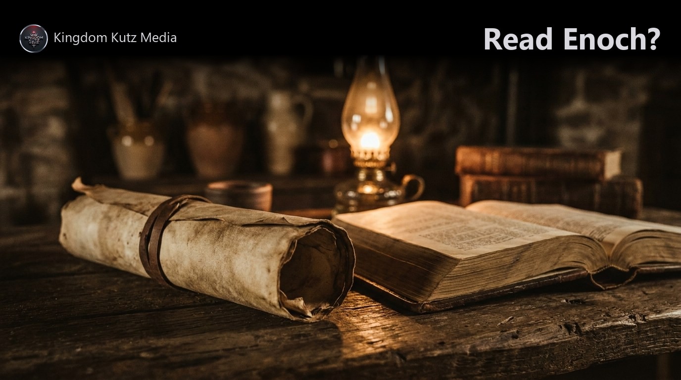 An ancient scroll and an open Bible lit by an oil lamp on a dark wooden table