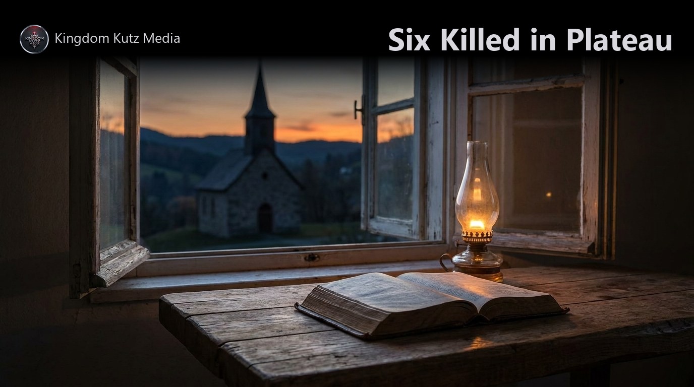 A single lit oil lamp and an open Bible on a wooden table beside a window at dusk, a rural church silhouette in the distance