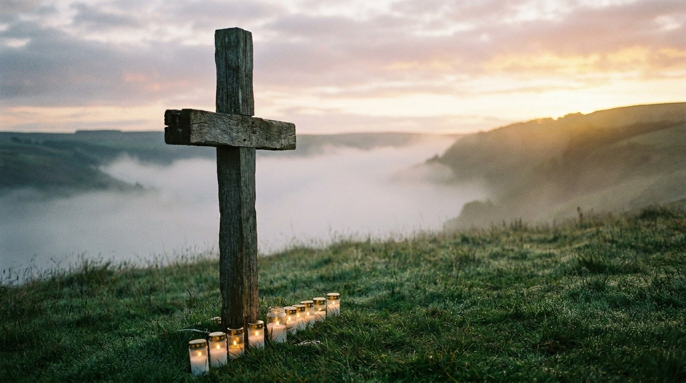 A plain wooden cross on a grassy hillside at dawn with small candles burning at its base