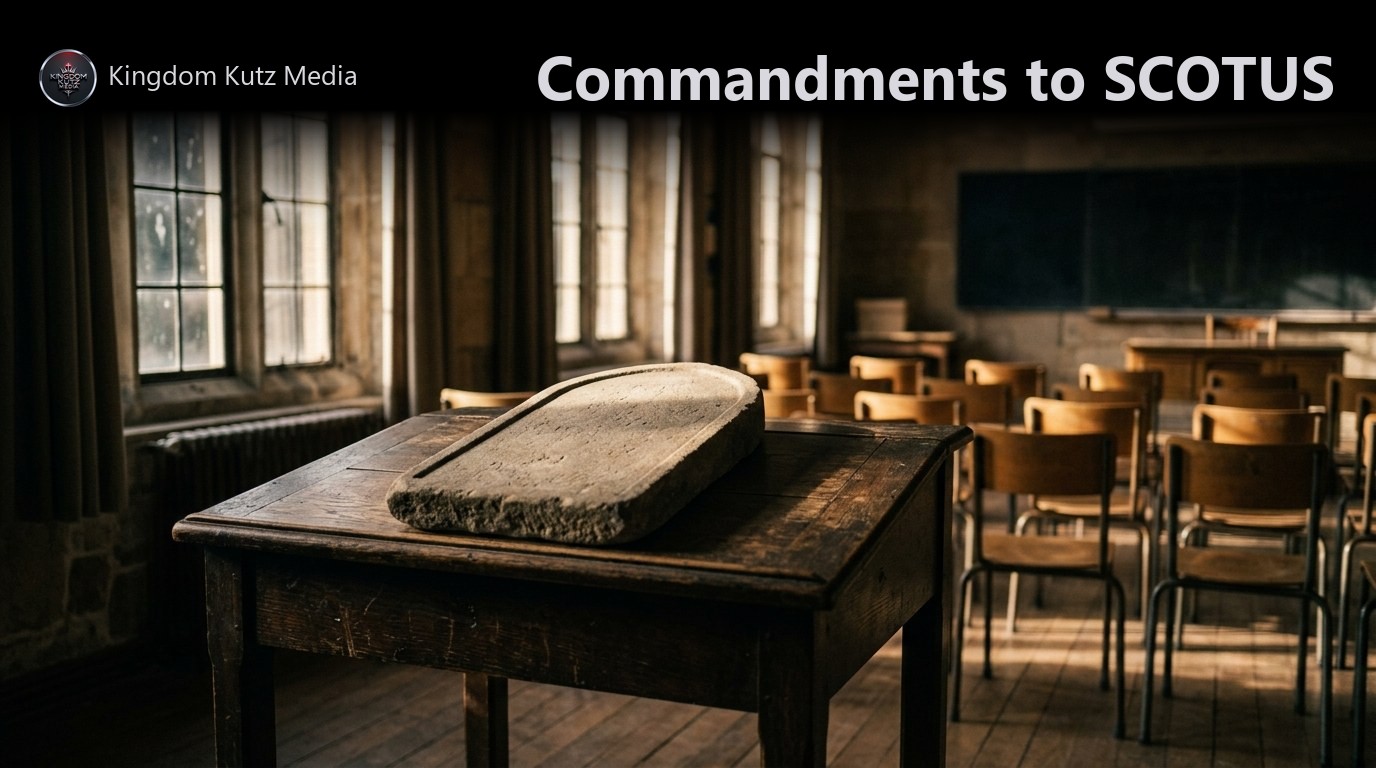 A stone tablet with rounded top resting on an empty wooden school desk, warm morning light through a classroom window