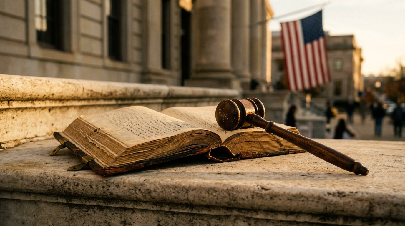 A gavel resting beside an open book on marble courthouse steps at golden hour