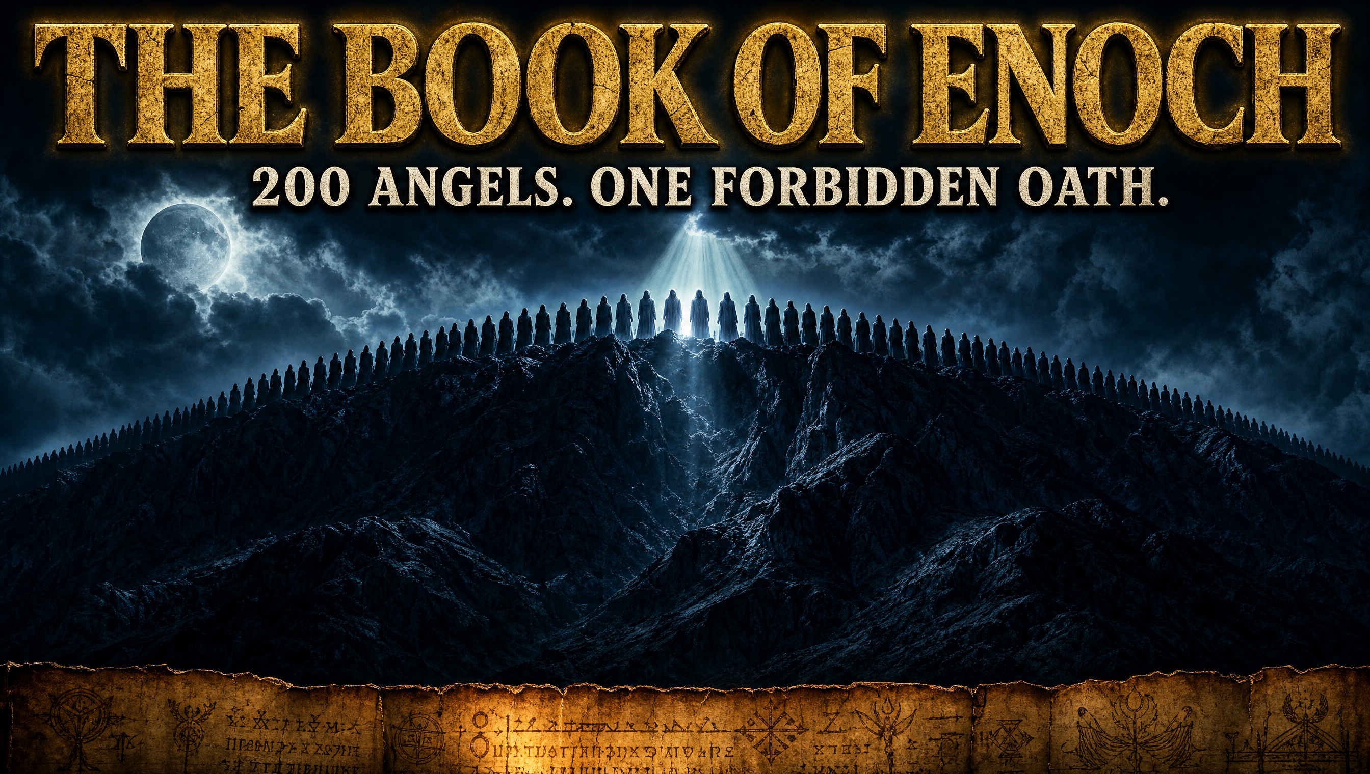 A mountain ridge lined with two hundred robed Watchers silhouetted against a stormy night sky, an ancient inscribed scroll along the bottom edge