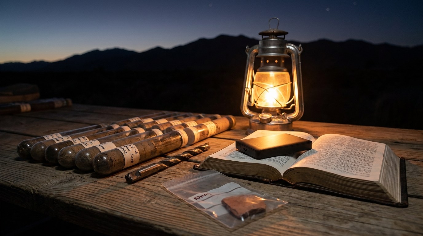 Soil core tubes, a broken drill bit, a backup hard drive and a pottery shard on a field table beside an open Bible