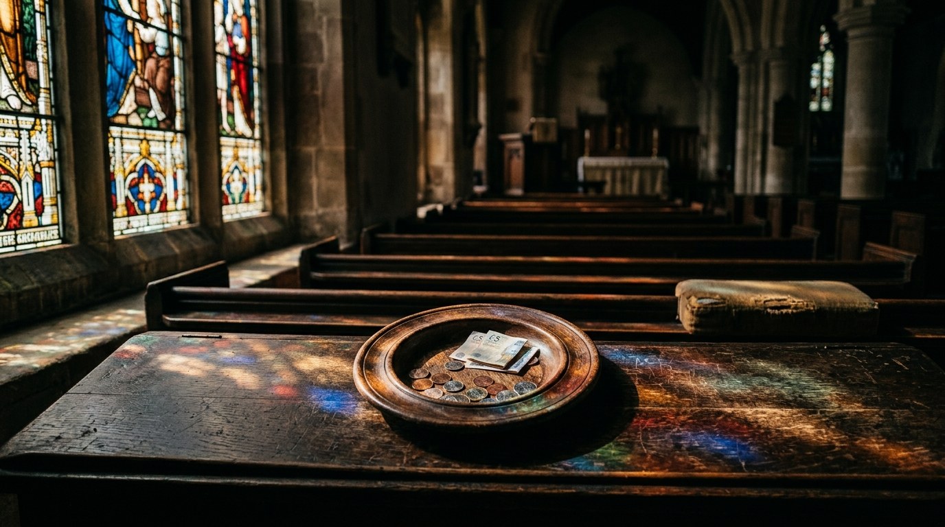 A small wooden offering plate resting on a church pew, warm morning light streaming through a stained glass window