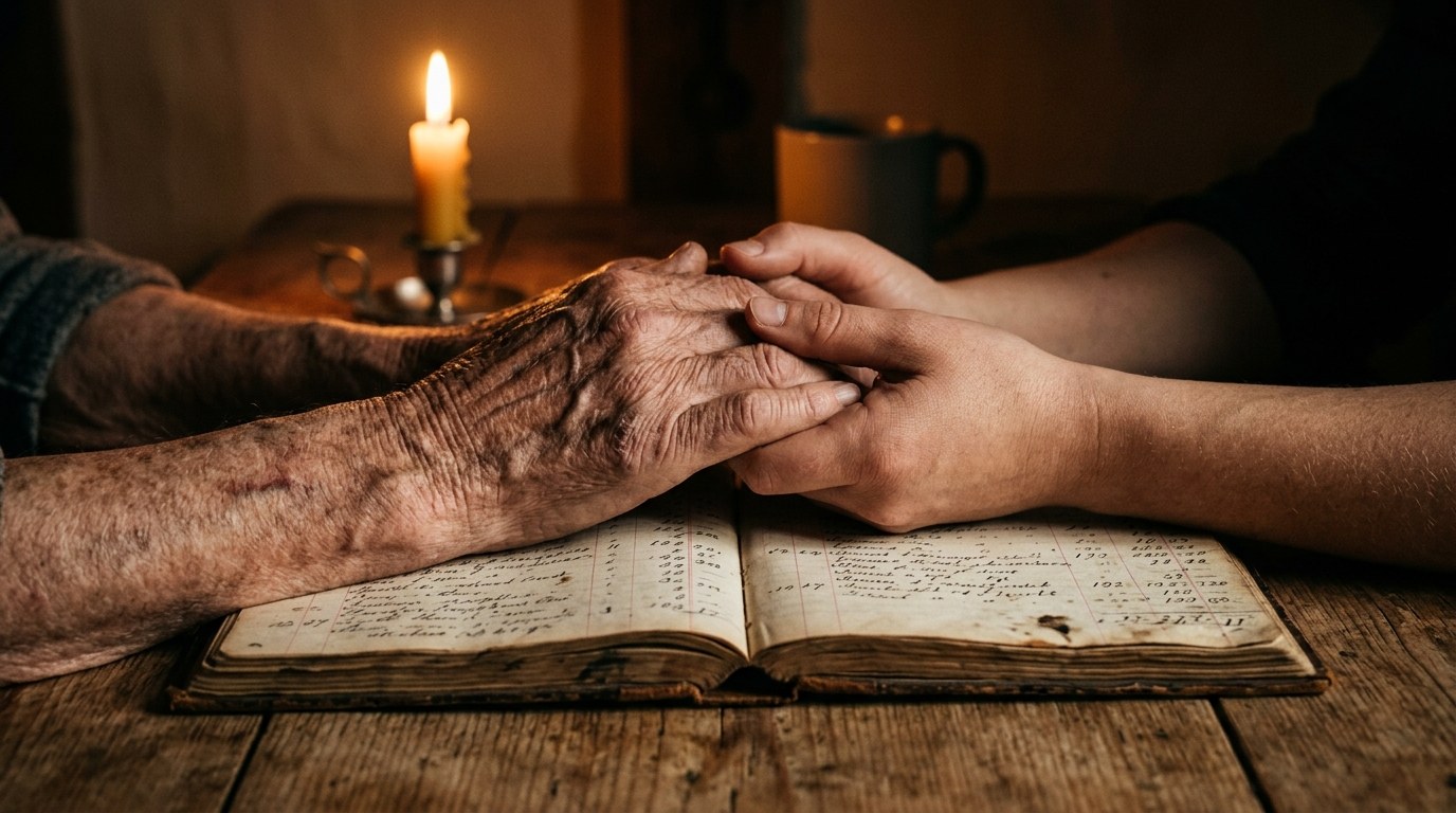 Two pairs of clasped hands of different generations resting on an open ledger book on a wooden table by candlelight