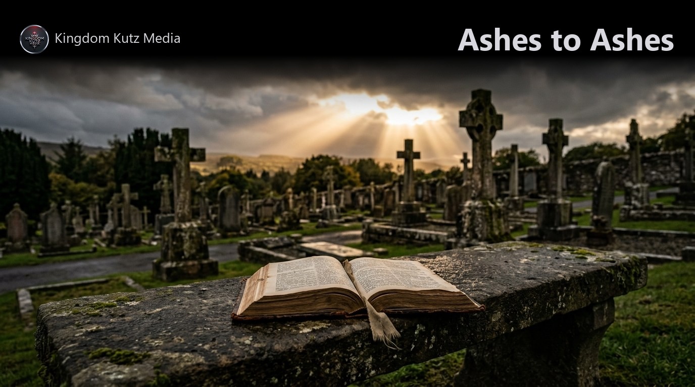 Sunlight breaking through clouds over an old stone cemetery with an open Bible on a bench