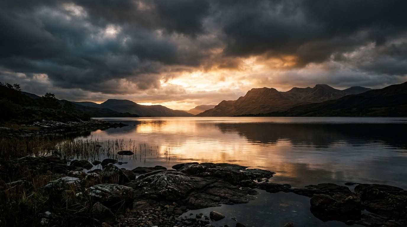 Soft golden light breaking through storm clouds over still water at dawn, symbolic of hope beyond death