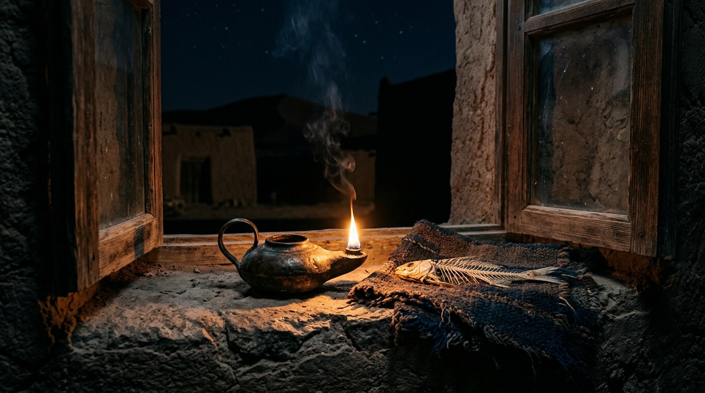 An ancient bronze oil lamp burning on a stone windowsill at night with smoke curling upward and a fish skeleton resting nearby