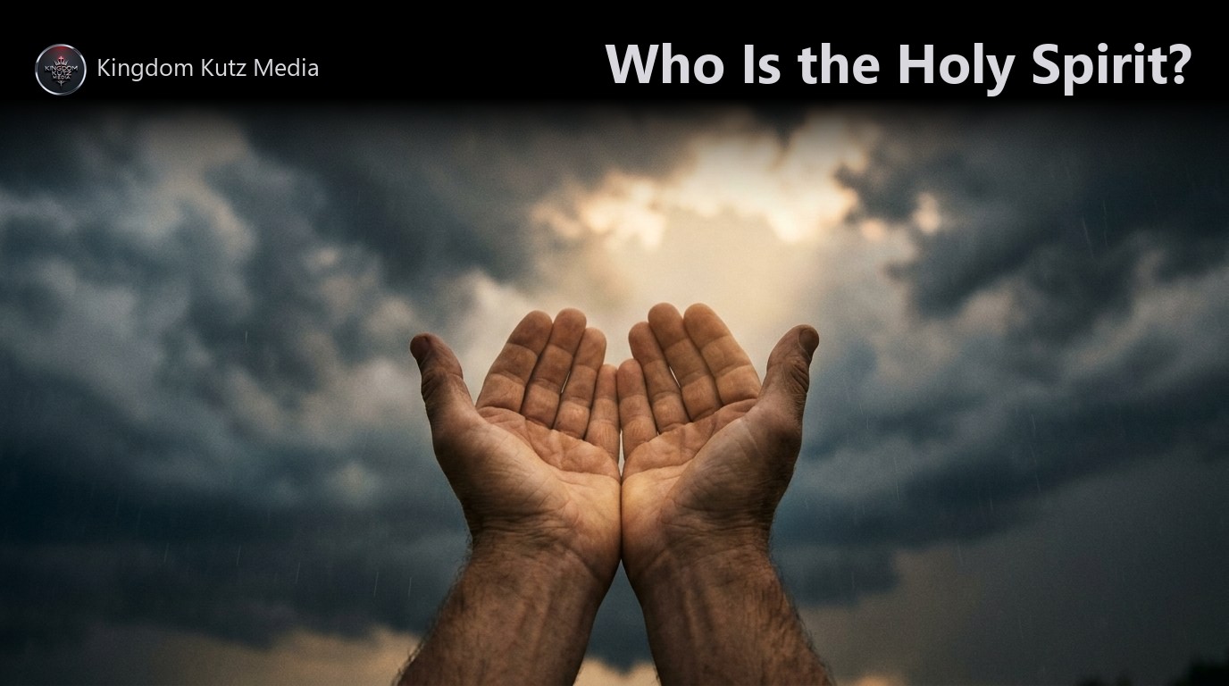 Rays of golden light breaking through clouds over open hands raised in worship, symbolic of the Holy Spirit's presence