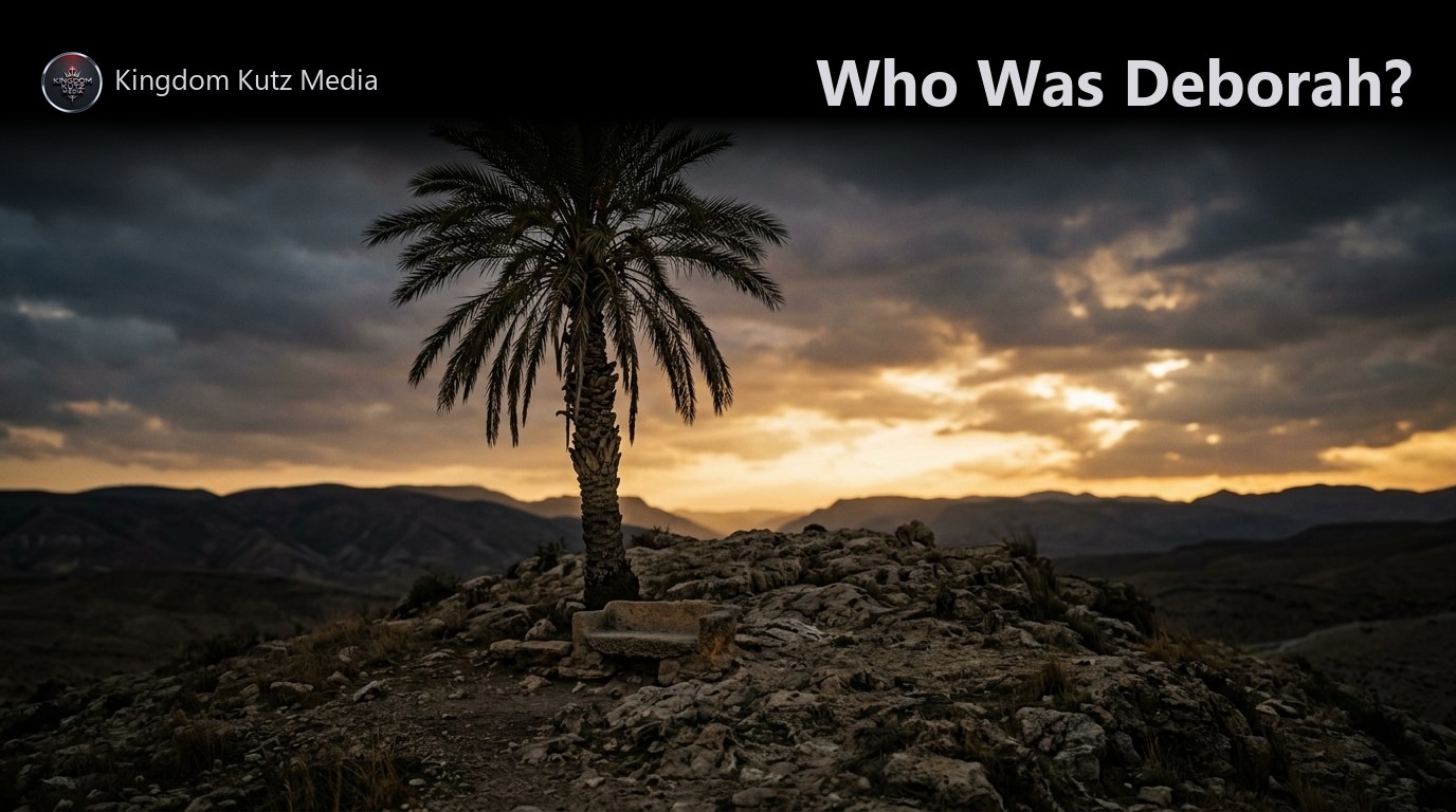 A lone palm tree on a rocky hilltop at dusk with a weathered stone seat beneath it, golden light breaking through the clouds