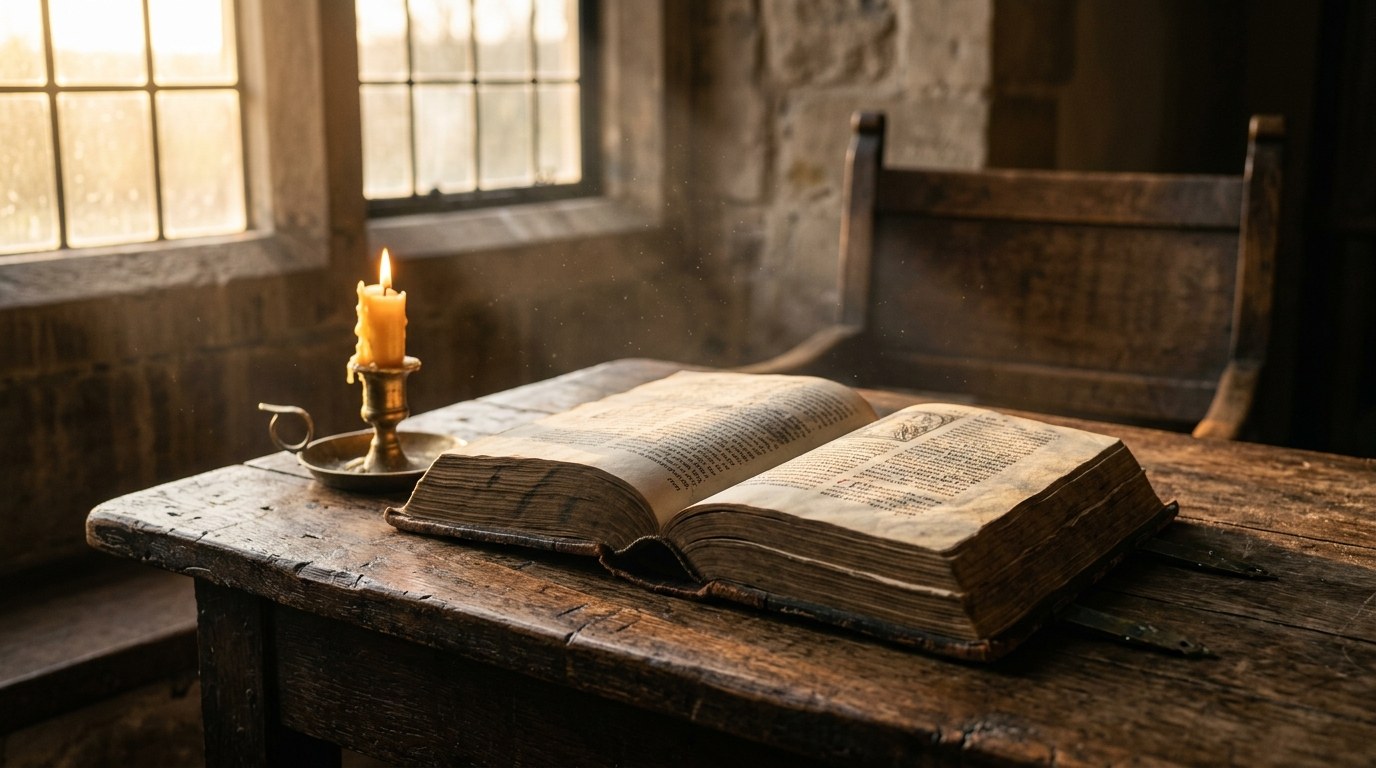 An open old Bible on a wooden table with soft candlelight and warm sunrise light through a window