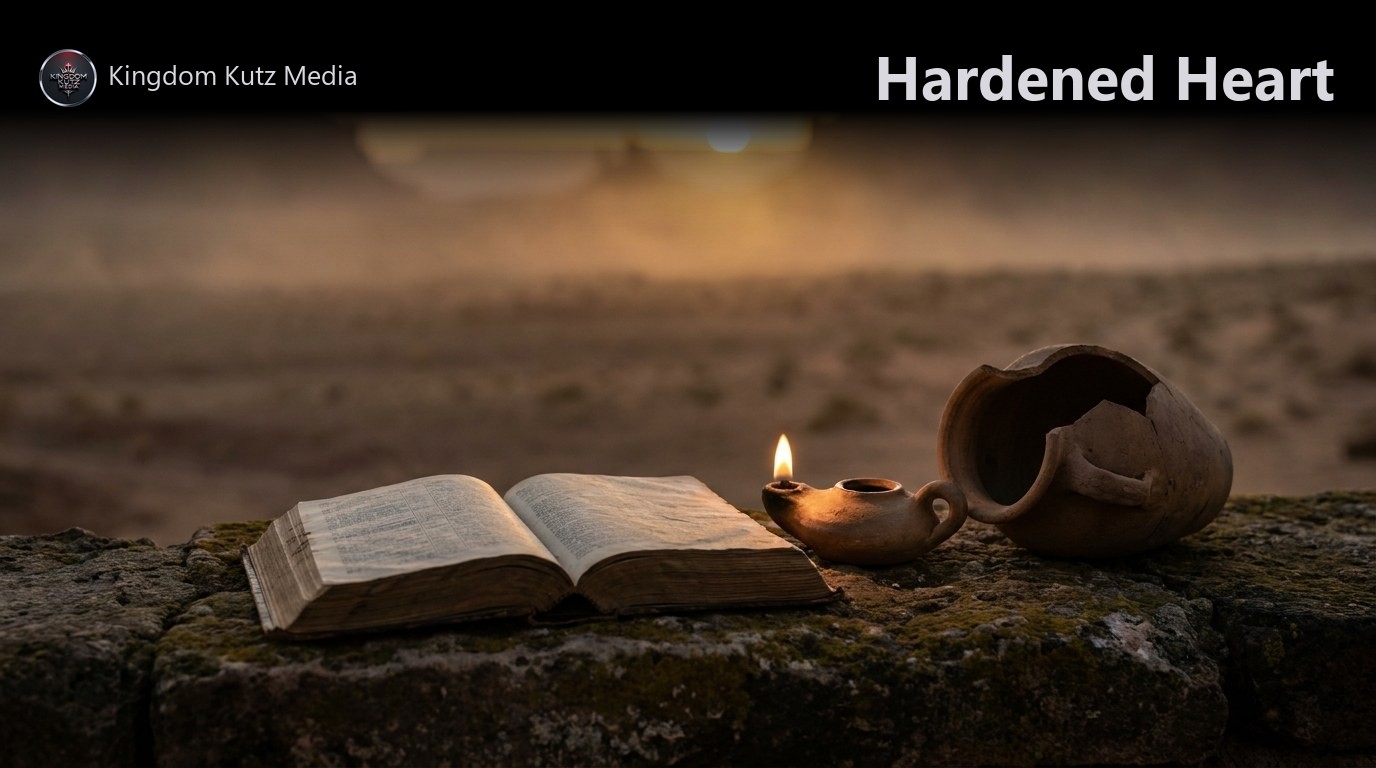An open Bible beside an oil lamp on a worn stone ledge at dawn with a desert horizon behind