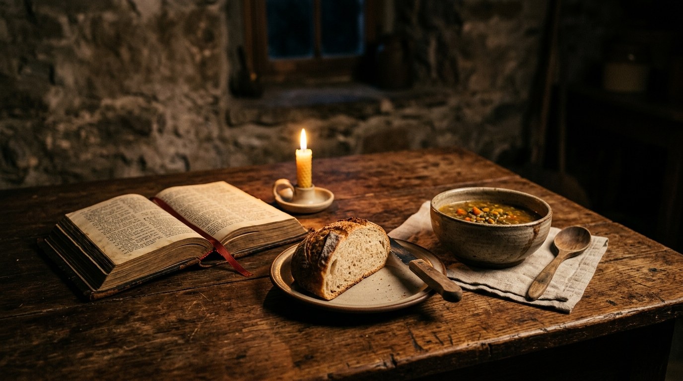 A rustic wooden table set with bread and an open Bible in warm candlelight, symbolizing a meal shared in gratitude