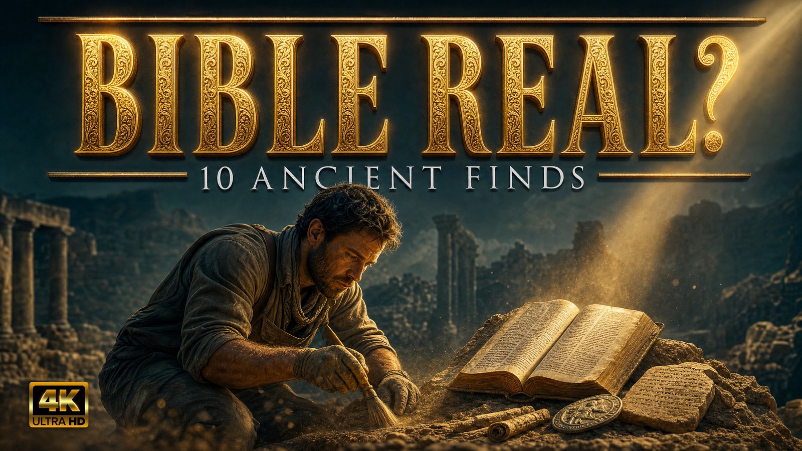 An archaeologist kneeling among ancient ruins beside an open Bible, examining artifacts that confirm the Bible's historical accuracy