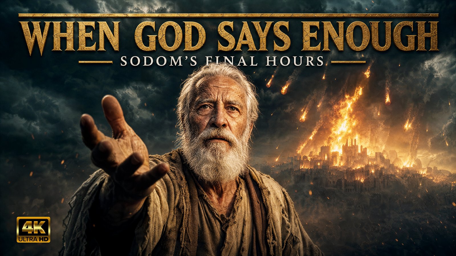 An elderly man reaching out in warning as fire rains down and the city of Sodom burns in the background, depicting its final hours before destruction