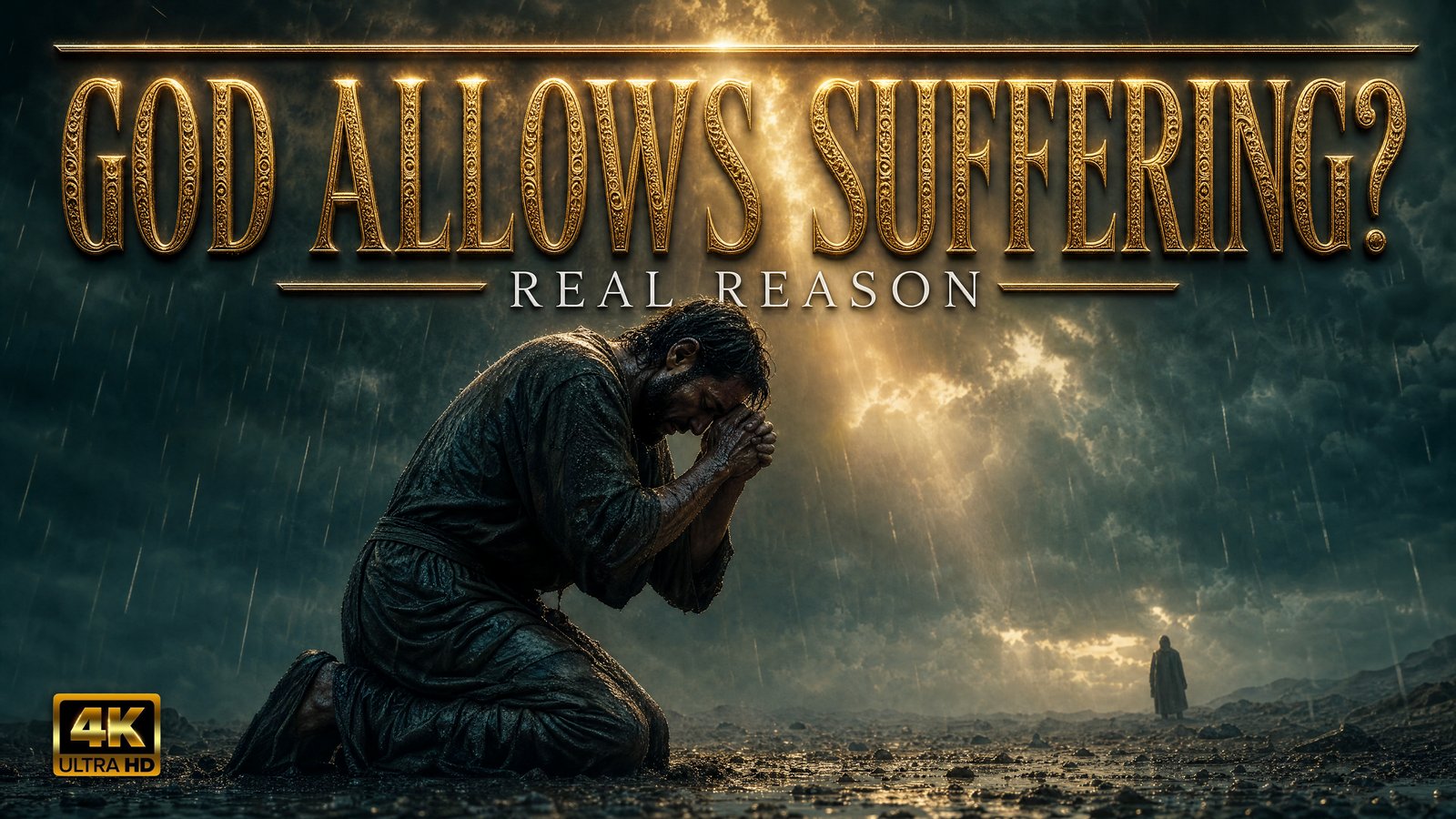A man kneeling in the rain with his head bowed in grief, a lone silhouetted figure standing in the distance, depicting suffering and the search for God's reason behind it