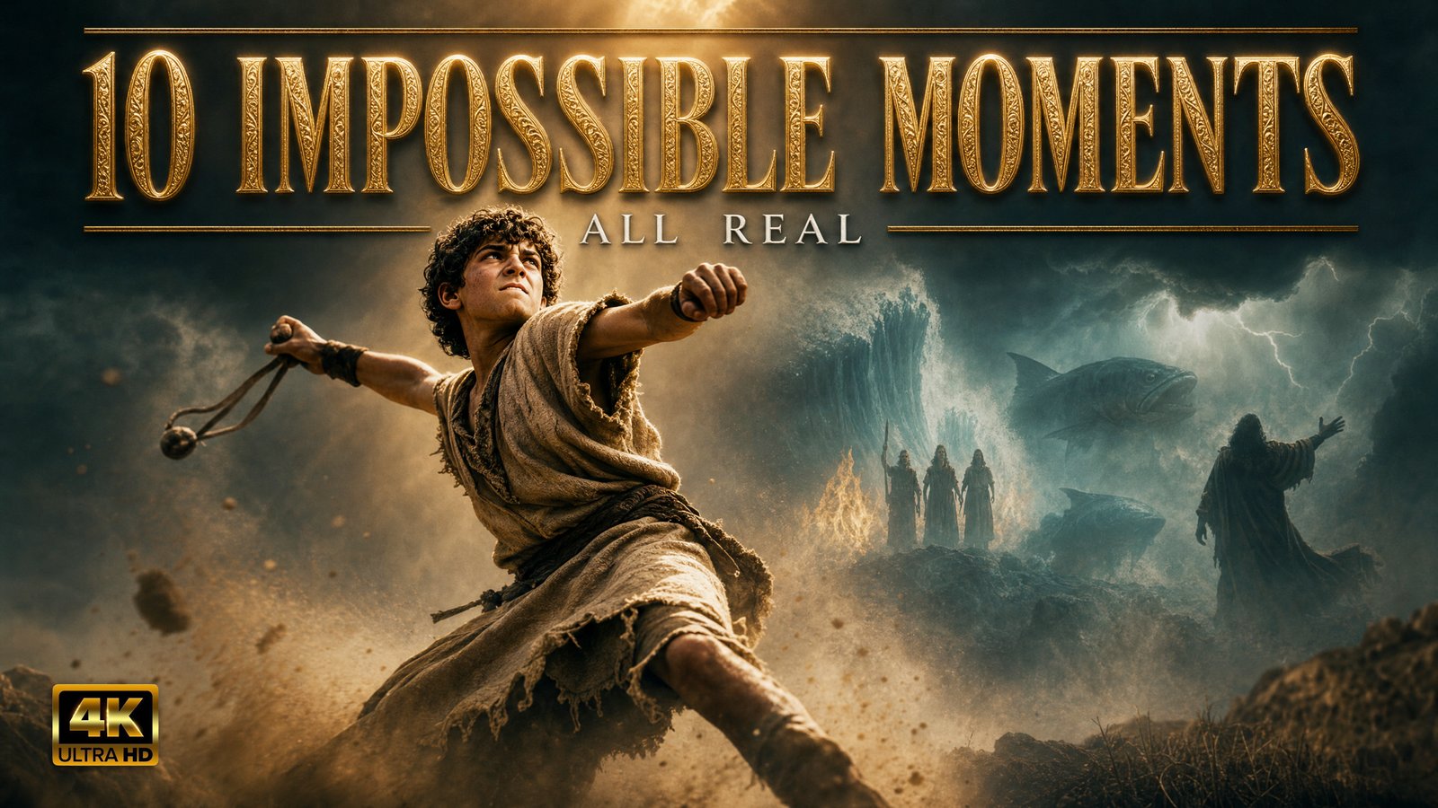 A young shepherd boy hurling a stone from a sling, with a parting sea, a fiery altar, and three silhouetted figures in the background, representing ten impossible biblical moments that really happened