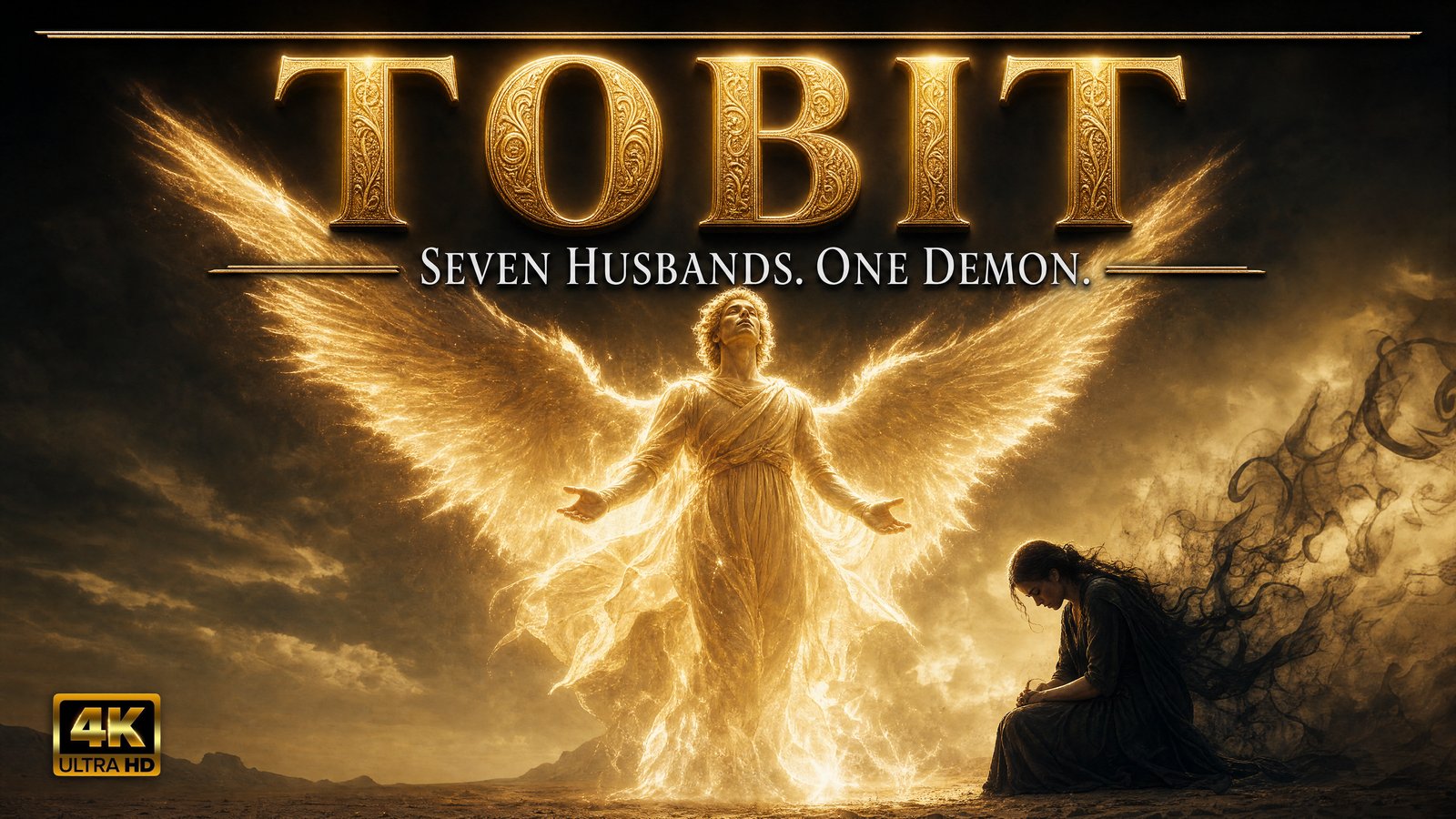 A glowing winged angel standing protectively over a kneeling man, illustrating the angel's role in the story of Tobit and the demon that killed seven husbands