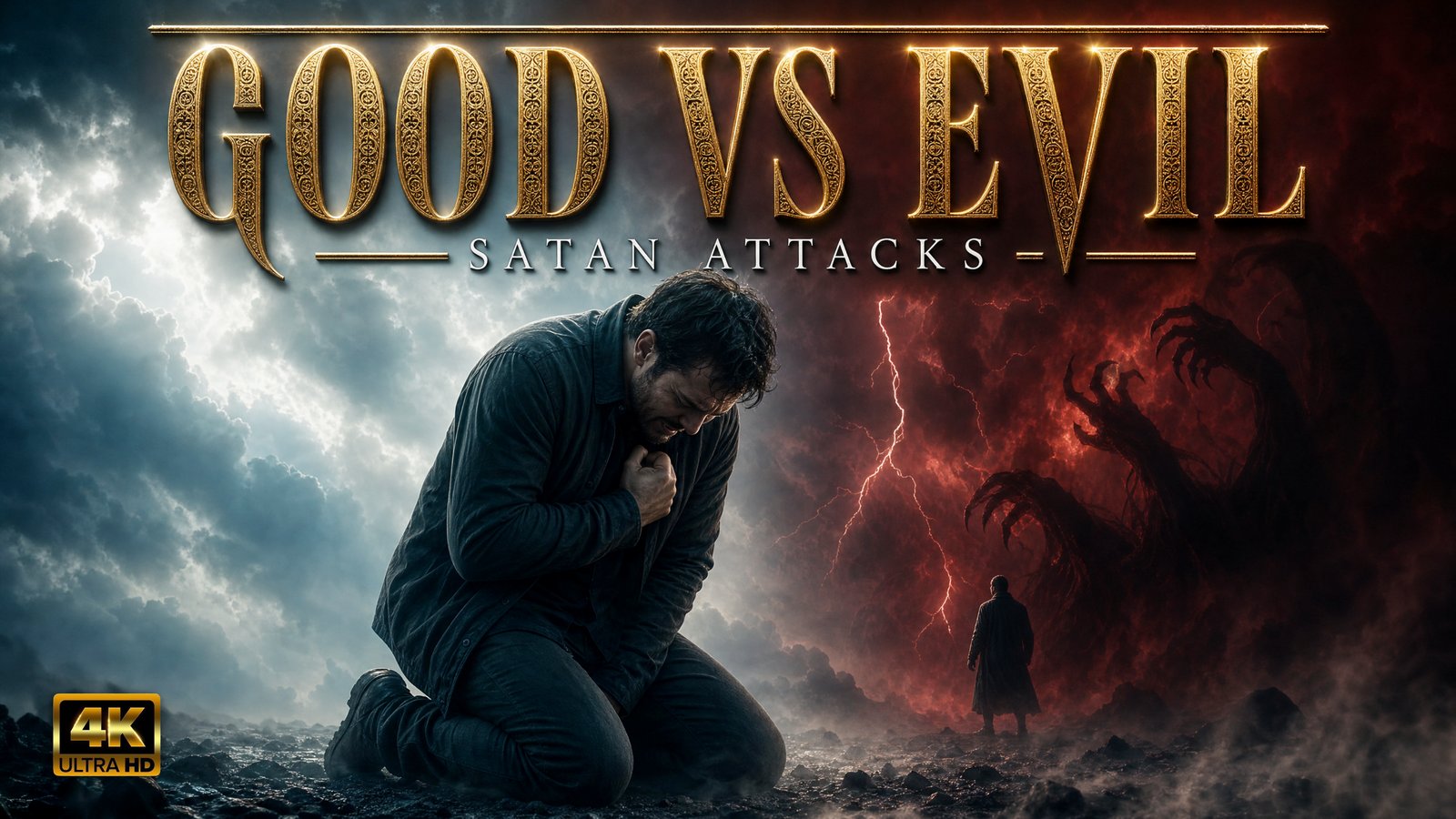 A man kneeling in prayer against a stormy sky, with a shadowy demonic figure and lightning behind him, symbolizing the spiritual battle between good and evil