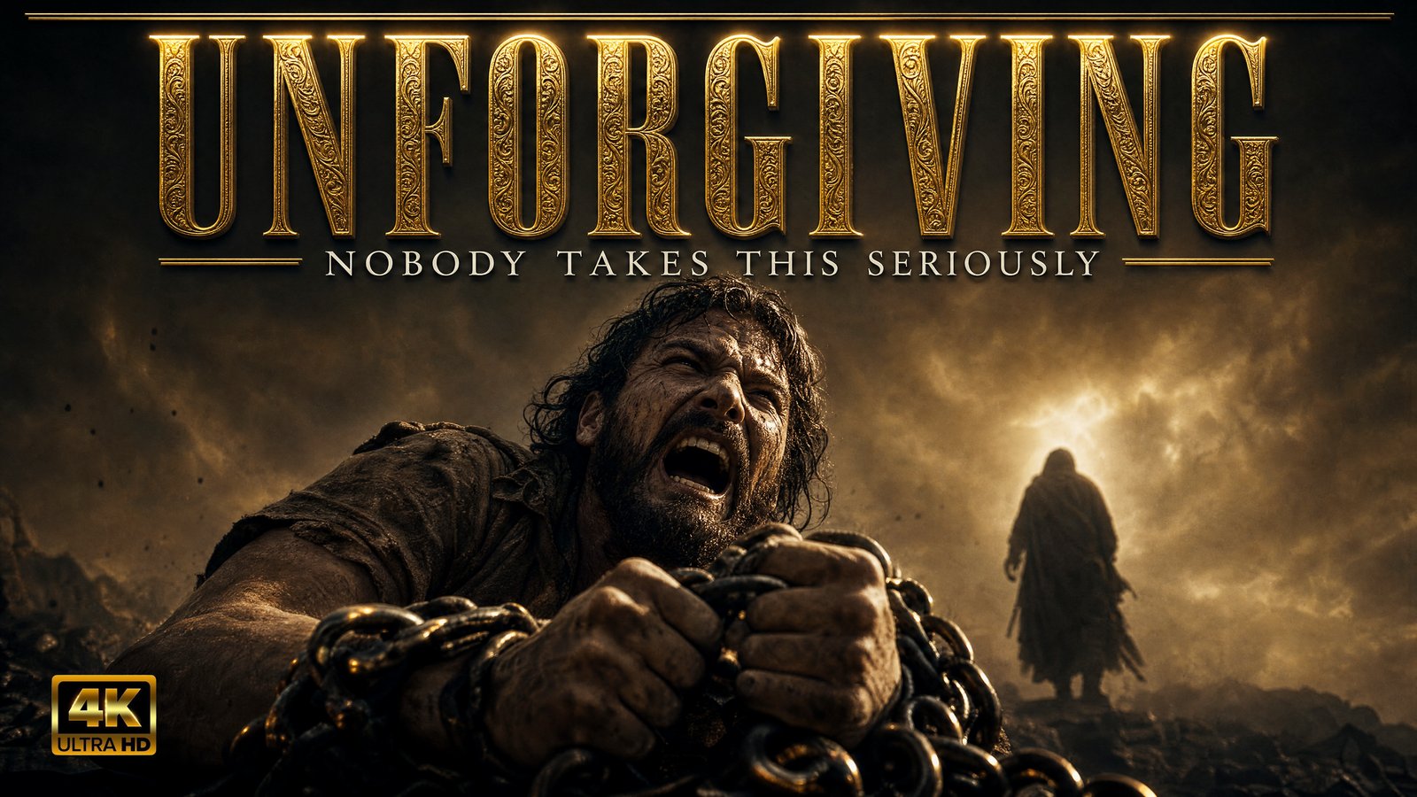 A man bound in chains clenching his fists in anguish, with another figure walking away in the shadows, illustrating the bondage of unforgiveness