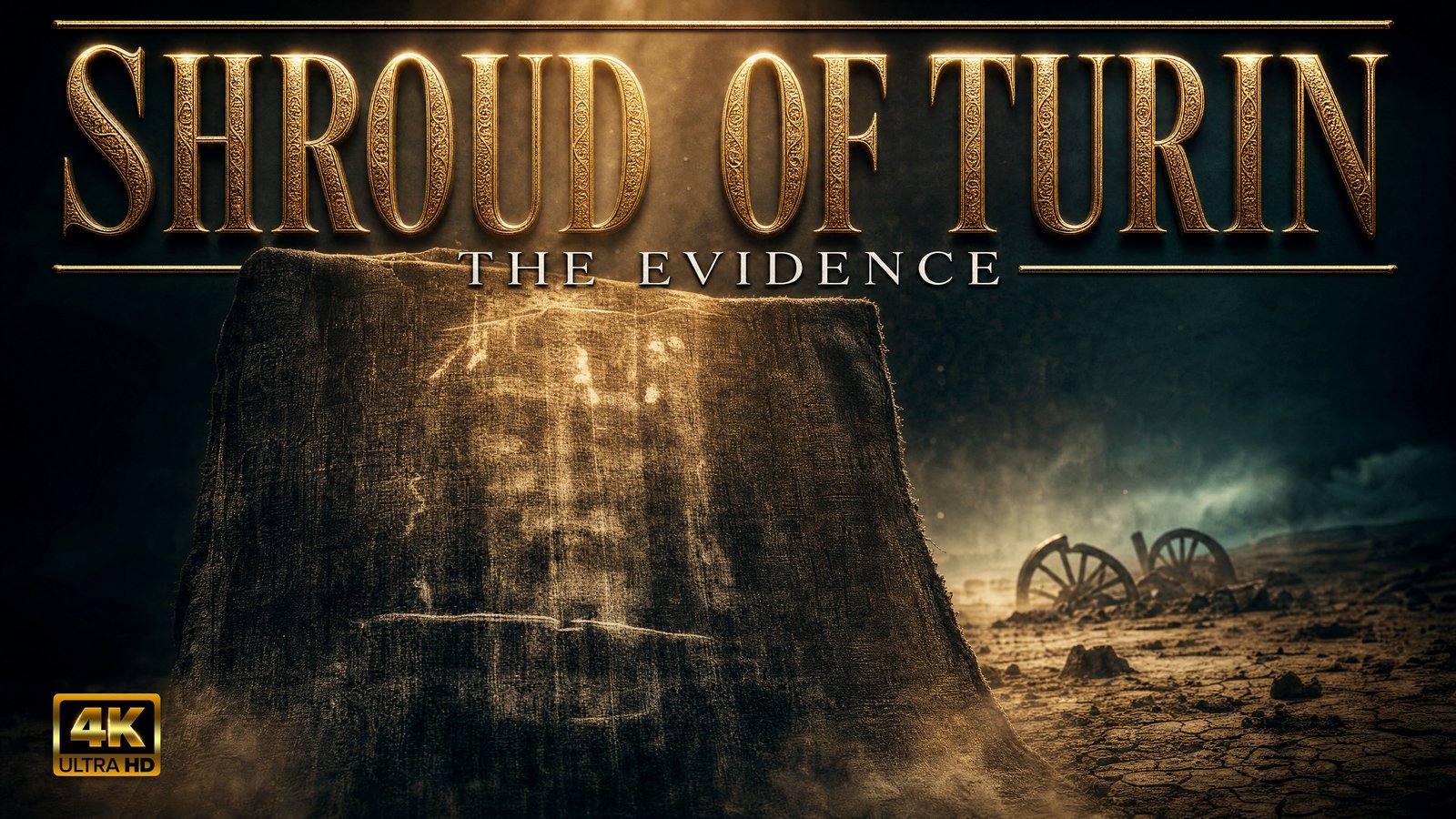 A dark burial cloth bearing the faint imprint of a face, evoking the Shroud of Turin and the historical evidence surrounding it